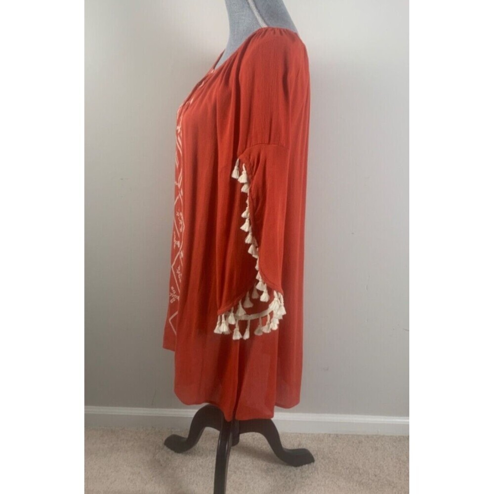 Kori Beach Tunic Boho Tribal Cover-up 3/4 Tassel Sleeve Mini Dress Red Small - Picture 4 of 8